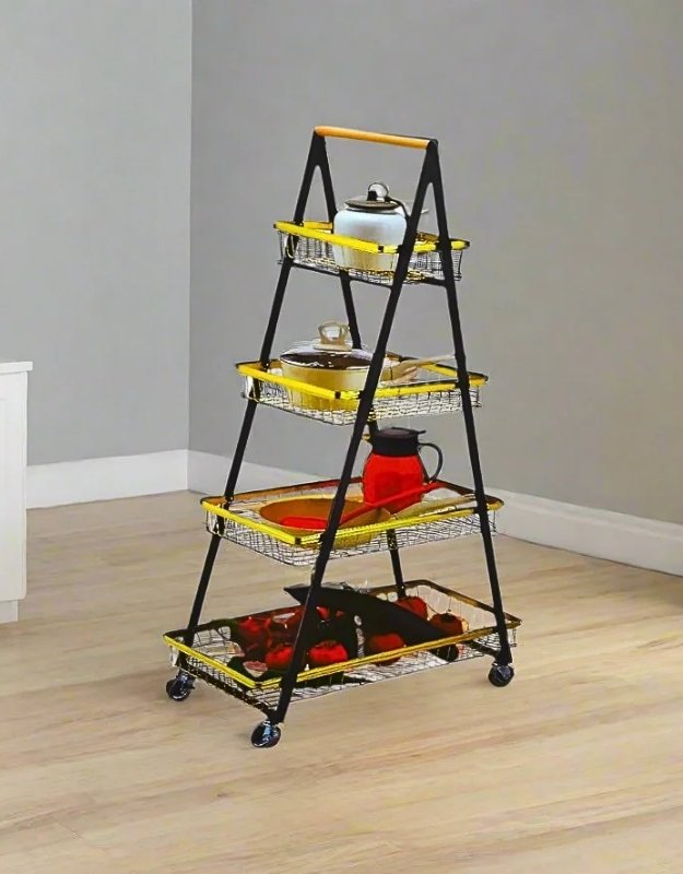 A multicolored, triangular, 4-tier utility cart with wheels and various items placed on the shelves, standing on a wooden floor.